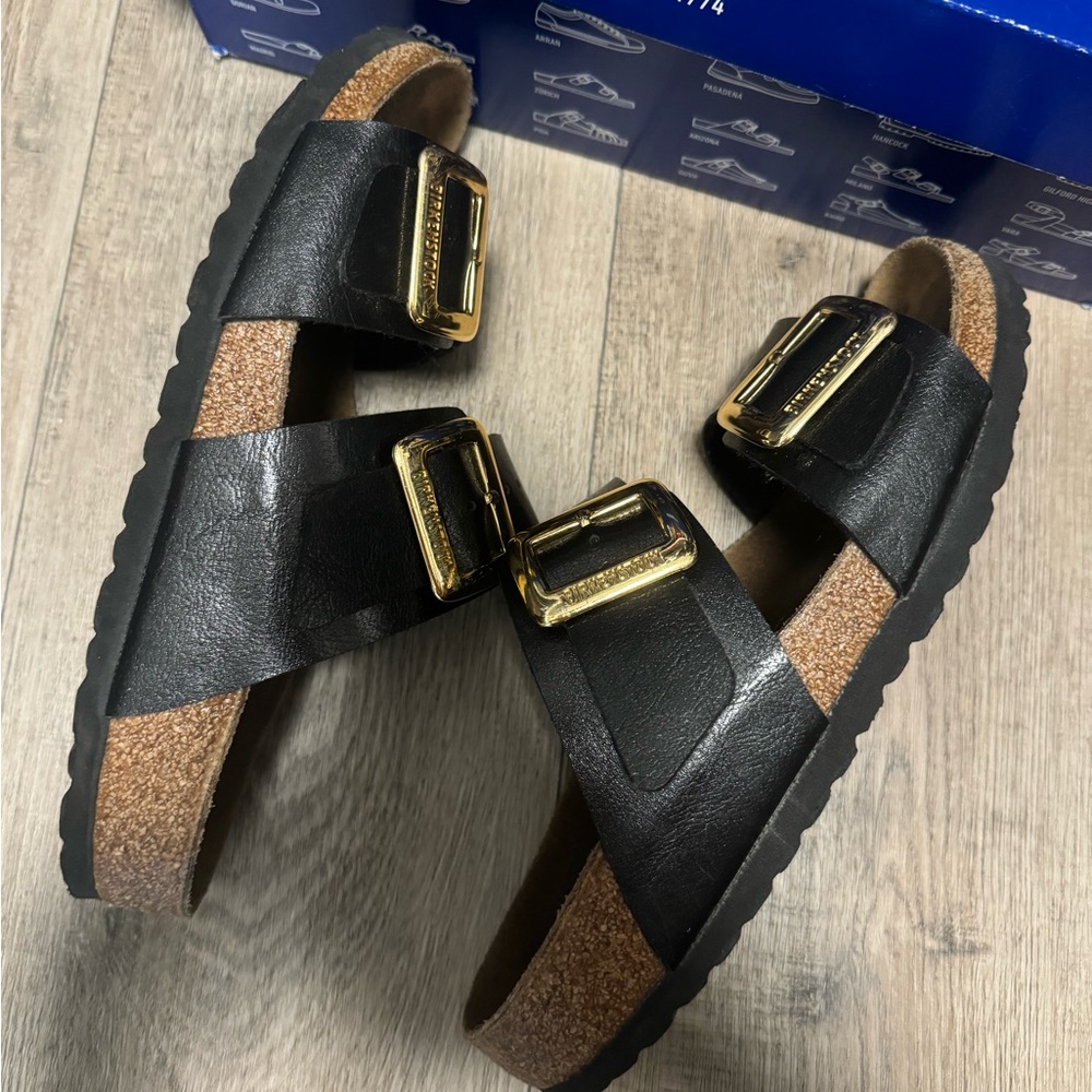 Birkenstock Black Leather Sandals with Gold Buckles